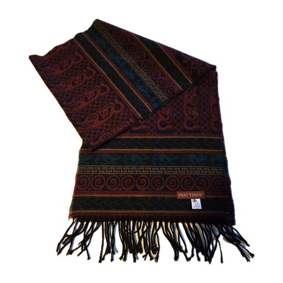 Vtg Past Times Celtic Dragon Pure Wool Scarf Scotland 14"x72" Fringe Jewel Tones - Picture 1 of 7
